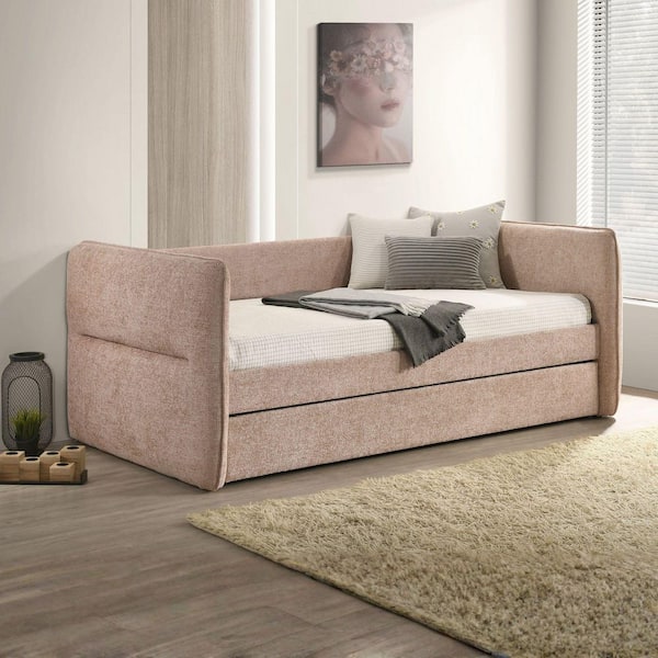 Mighty Purple Fabric Upholstered Full Size Daybed with Pull Out Trundle, Button Tufted Nailhead, Mauve