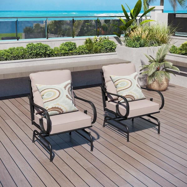 PHI VILLA Black Metal Frame Outdoor Patio Motion Lounge Chairs With Beige Cushions (2-Pack)