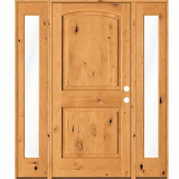 64 in. x 80 in. Knotty Alder 2 Panel Arch-Top Left-Hand/Inswing Clear Glass Cedar Stain Wood Prehung Front Door DFSL