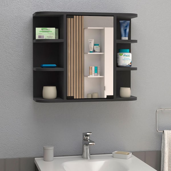 Aoibox 24 in. W x 20 in. H Rectangular Wood Medicine Cabinet with Mirror, 6 External Shelves,3 Internal Shelves in Black Wengue