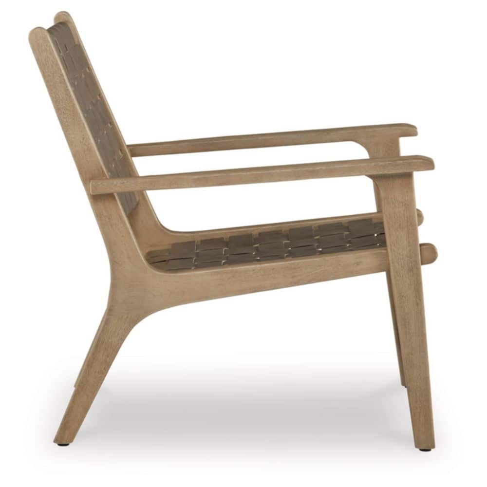 Beige Leather and Wood Woven Accent Chair