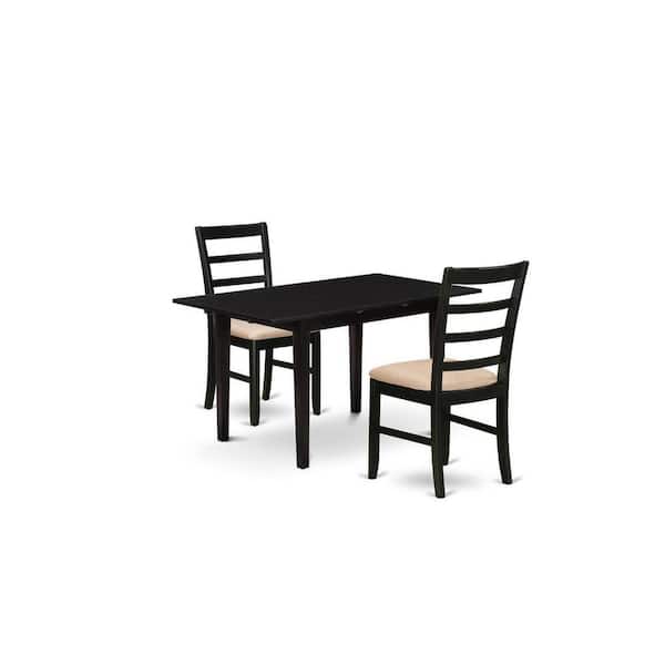 East West Furniture 3-Piece Black Finish Rectangular Solid Wood Top With Butterfly Leaf Dining Table Set