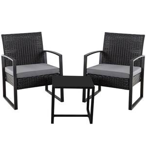 Black Rattan 3 Piece Patio Set Chairs Bistro Set Rattan Conversation Set, With Grey Cushion