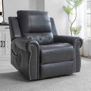 Oversized Gray Air Leather Power Lift Recliner with Massage, Remote, Footrest, Studded & Tufted Detailing, Side Pocket