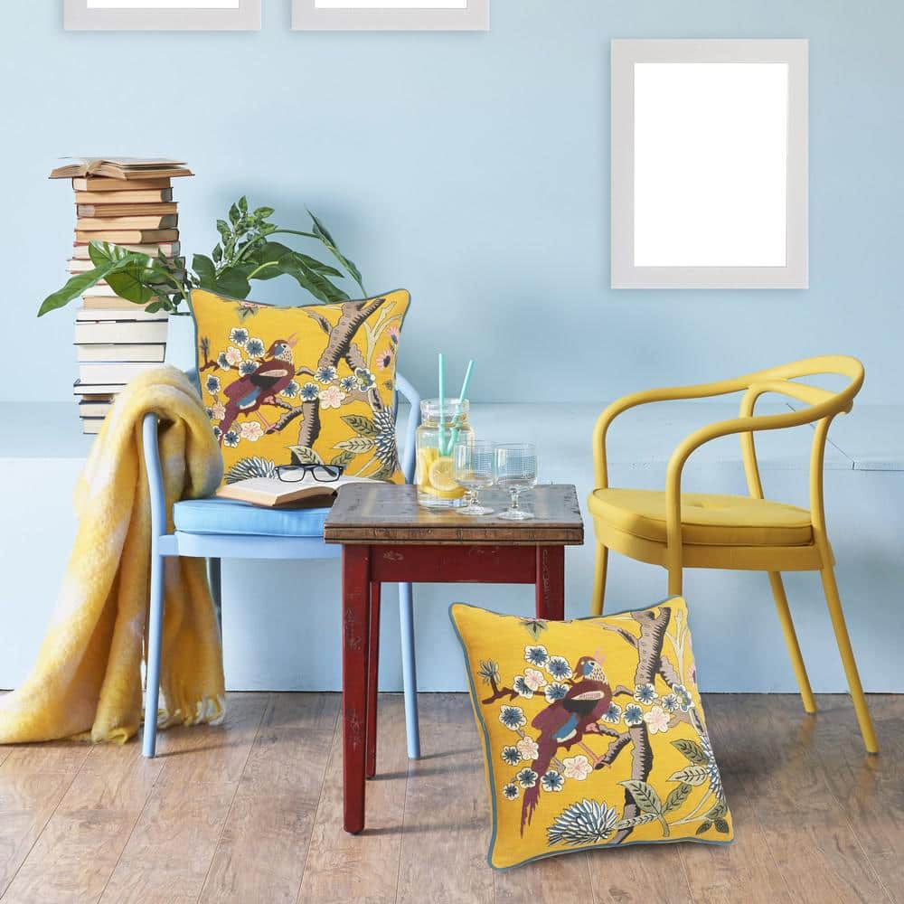 Yellow Cotton Bird of Paradise Embroidered Throw Pillow