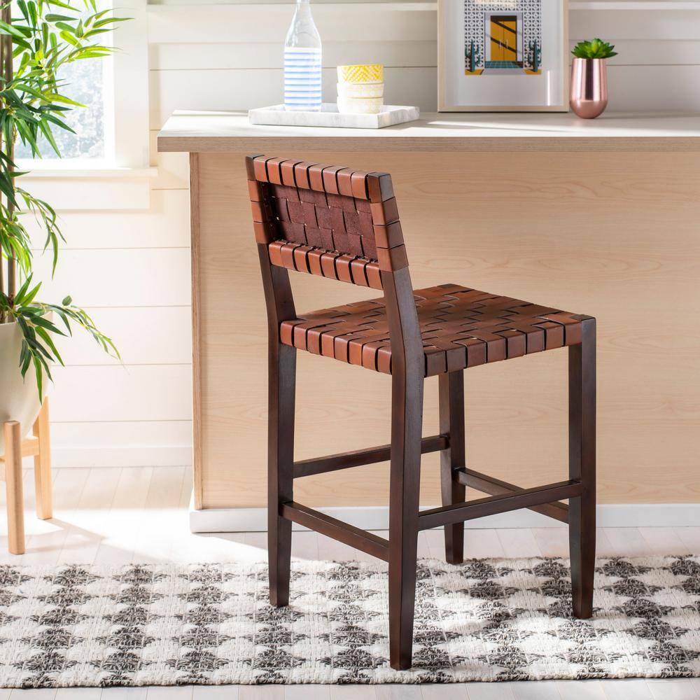 Cognac Woven Leather and Walnut Counter Stool