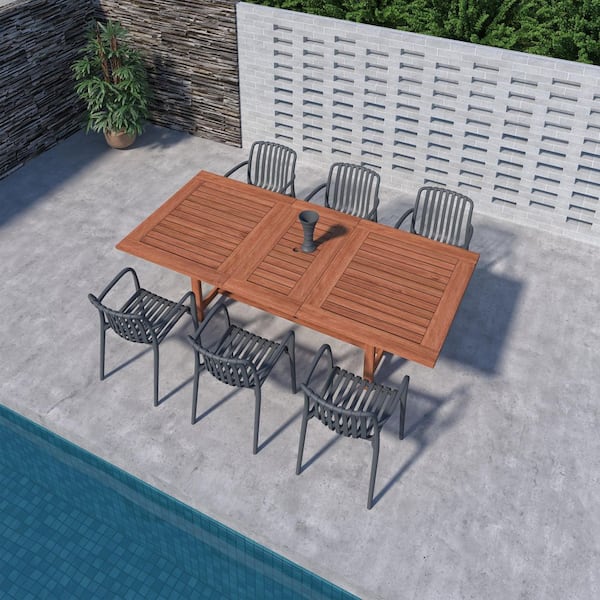 Havelock 7-Piece Dark Teak Finish Wood 100% FSC Rectangular Patio Dining Set Grey
