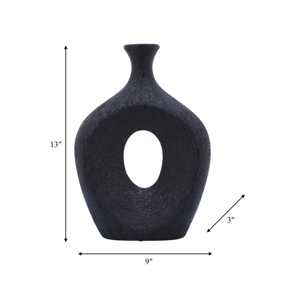 Black Ceramic Beaded Oval Vase with Cut-Out Design
