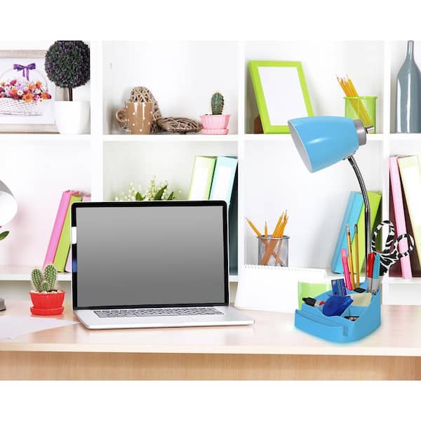 18.5 in. Gooseneck Organizer Desk Lamp with Holder and Charging Outlet, Blue