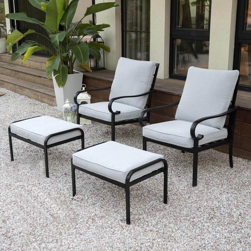 Black Metal Outdoor Loveseat, Patio Conversation Sofa with Ottomans and Gra