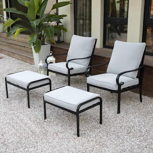 Black Metal Outdoor Loveseat, Patio Conversation Sofa with Ottomans and Gray Cushions for Porch Balcony Deck