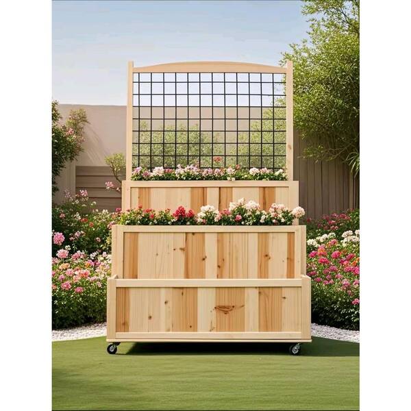 Wood 3-Tier Stepped Raised Garden Bed, Trellis with Wheels, Back