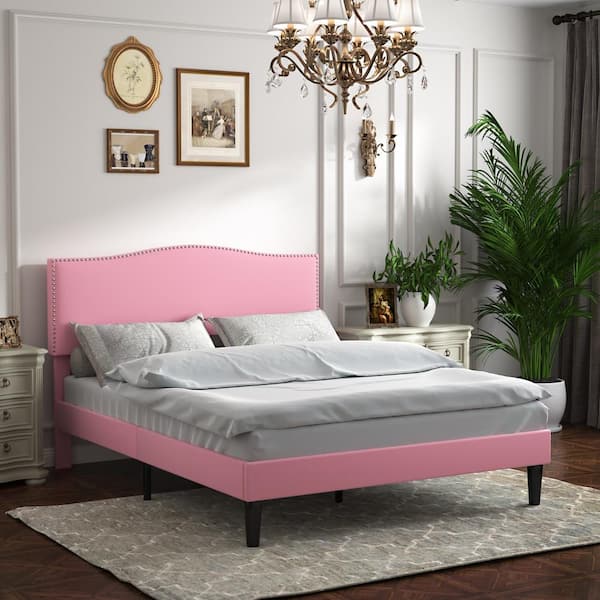 VECELO Platform Bed Frame with Upholstered Headboard Pink Metal Strong Frame Queen Platform Bed with Wooden Slats Support