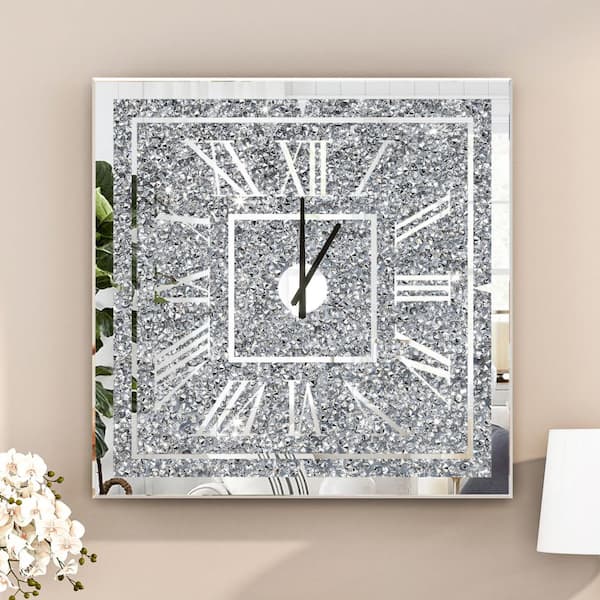 Modern Square Roman Numerals Mirror Wall Clock with Crushed Diamond Inlays