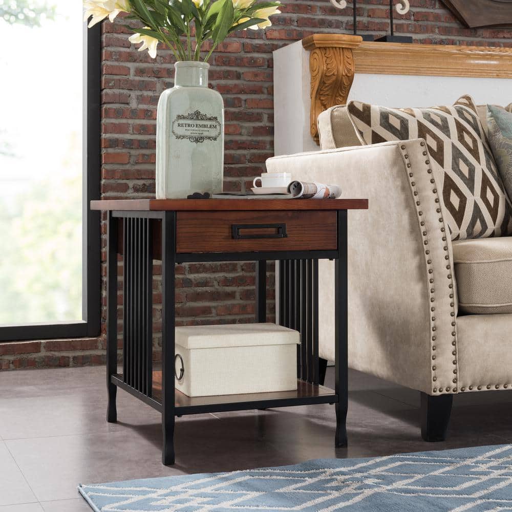 Ironcraft Mission Oak & Matte Black Wood End Table with Drawer