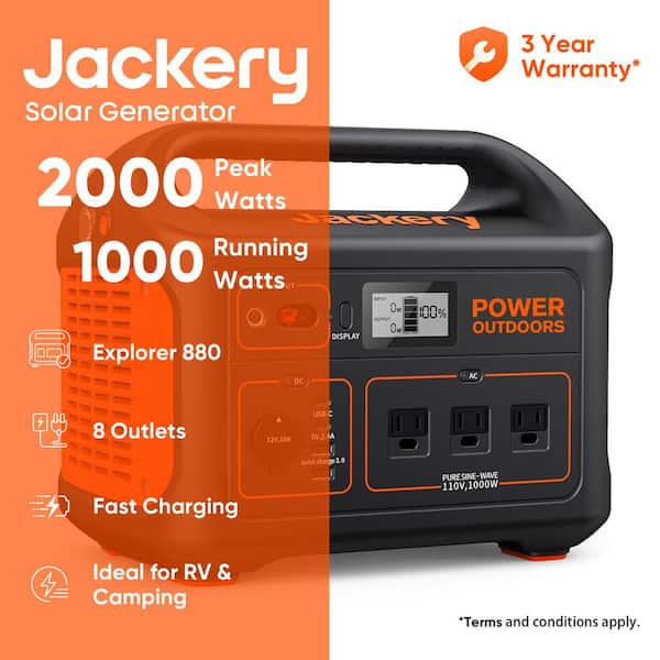 1000-Watt Output/2000W Peak Portable Solar Power Station Explorer 880 Push Start Battery Generator for Outdoors/Camping