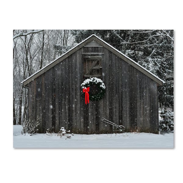 Trademark Fine Art Christmas Barn in the Snow by Kurt Shaffer Print Hidden Frame Architecture Wall Art 14 in. x 19 in.