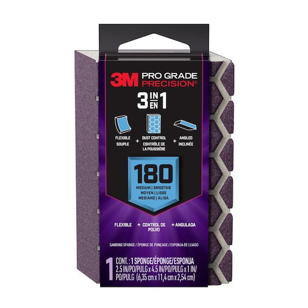 3M Pro Grade Precision 2.5 in x 4.5 in. x 1 in. Medium 180 Grit 3-in-1 Sanding Sponge (1-Pack)