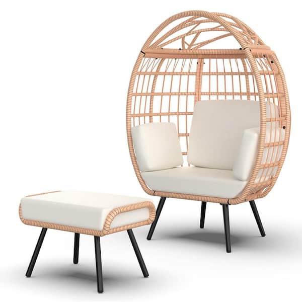 SEEUTEK Fanaiy Wicker Egg Lounger Chair with Ottoman, Oversized Indoor Outdoor Lounger with 5 UV Resistant White Cushions