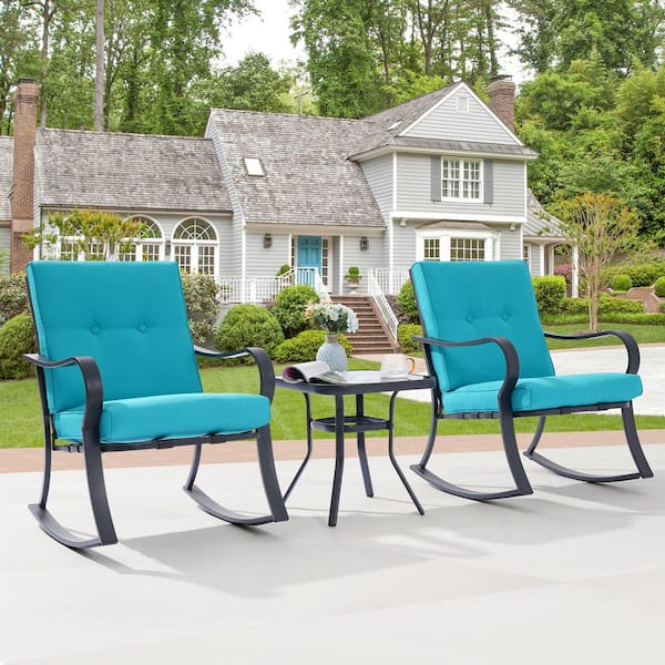 3-Piece Black Metal Frame Outdoor Bistro Set 2-Rocking Chairs with Lake Blue Cushions and Tempered Glass Side Table