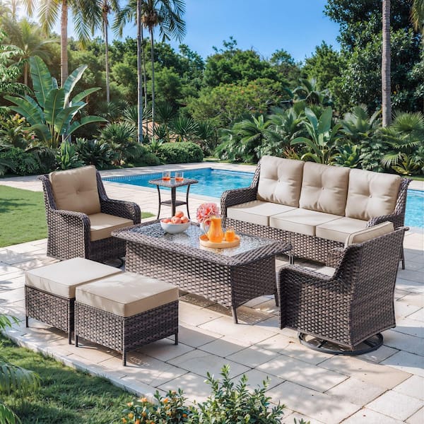 7-Piece Wicker Patio Conversation Set with Thick Wicker,High Backrest,Swivel Rocking Chairs,Side Table and Cushion Sand