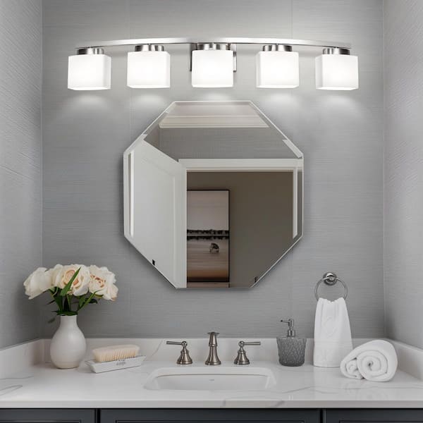 41 in. 5-Light Nickel Vanity Light for Vanity Powder Room Dressing Room with Curved Arms and Milk White Shade