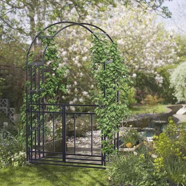 81 in. x 45 in.Metal Garden Arbor Trellis with Double Doors, Heart Motifs, for Wedding, Party Decoration