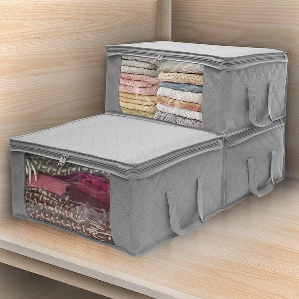 Foldable Storage Bag Organizers with Clear Window and Handles, Gray 19 in. x 7.5 in. Fabric Decorative Box (Set of 3)
