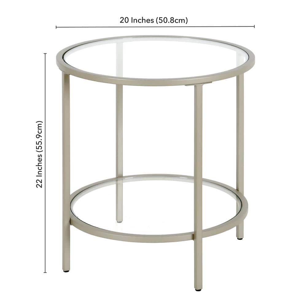 Satin Nickel 20" Round Metal & Glass Side Table with Shelf