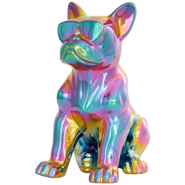 12 in. Multi Colored Ceramic Bulldog Sculpture with Rainbow Shimmer Finish