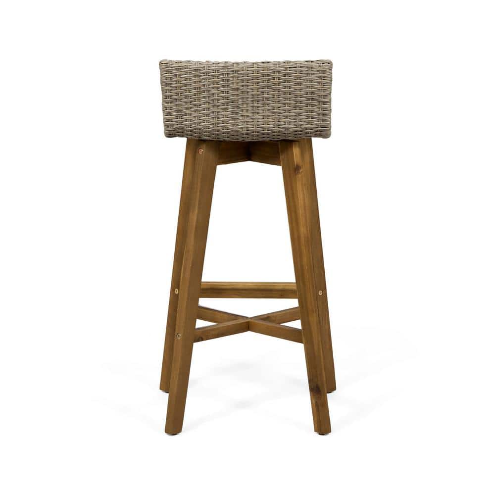 Light Brown Acacia Wood and Wicker Outdoor Barstools, Set of 2