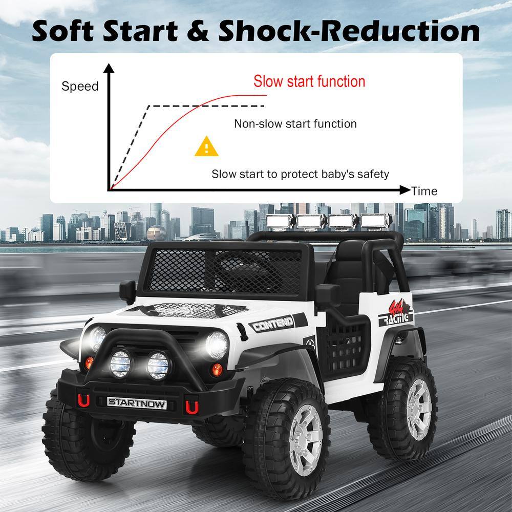 White 12V Kids Ride-On Truck with Remote Control and LED Lights