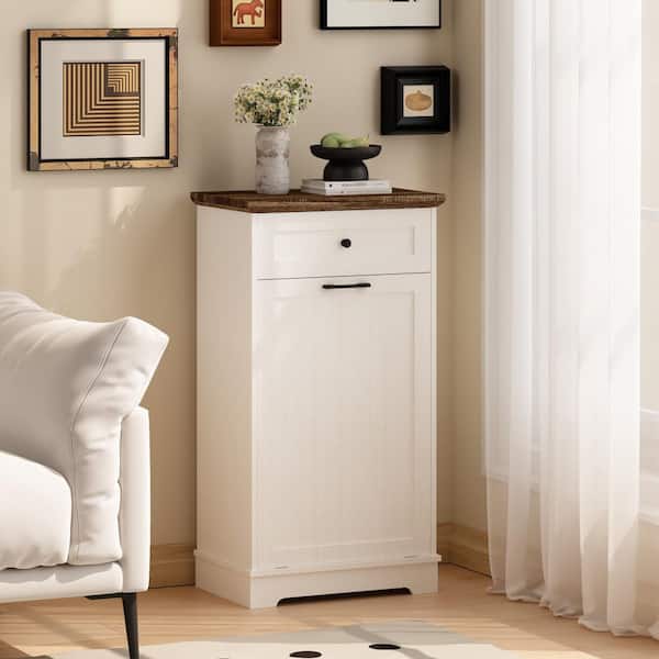 Antique Brown and White 13 Gal. Tilt-Out Freestanding Trash Bin Cabinet with Drawer (Trash can Not Included)