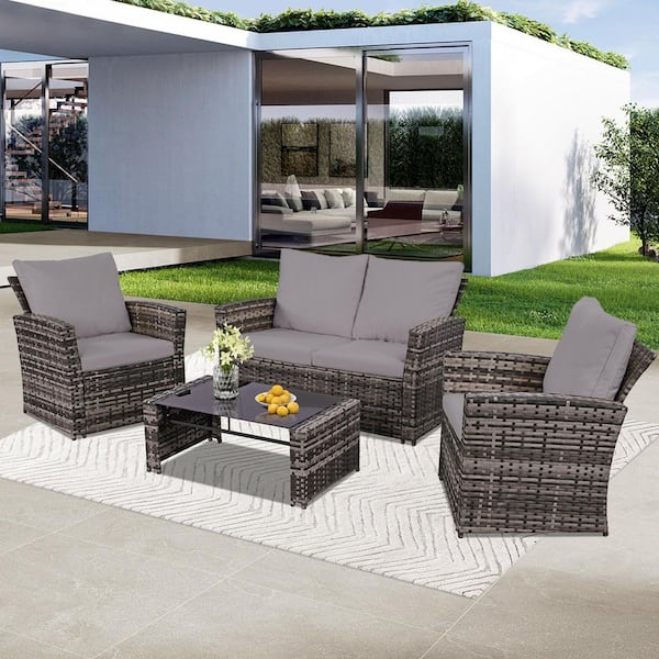 Unbranded Gray 4-Piece Wicker Outdoor Sofa Sectional Set Conversation Set with Gray Cushions and Tempered Glass Table
