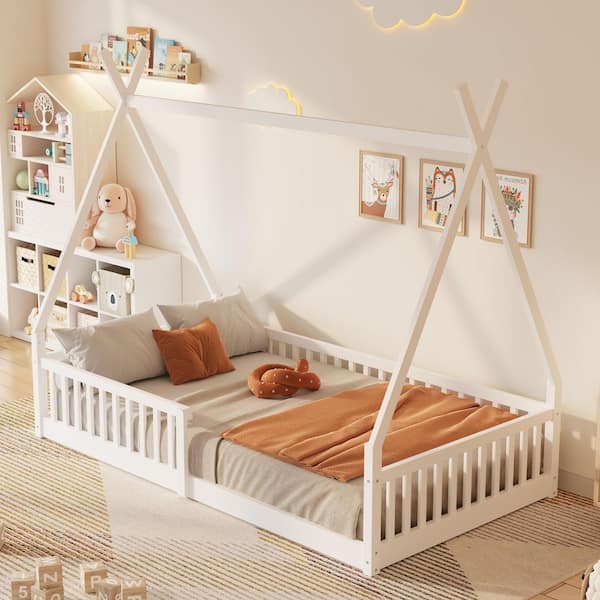Harper & Bright Designs White Twin Size Wood Roof Shape House Bed with Fence