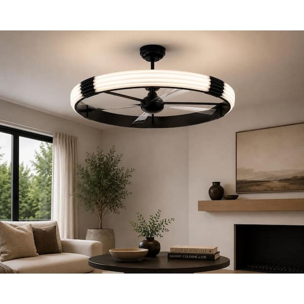 48 in. Flat Black Clear Polycarbonate Blades Angled Mount Fandelier Ceiling Fan w/ Integrated LED & Remote Included