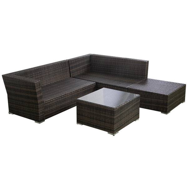 6-Piece Wicker Outdoor Sectional Set with Beige Cushions and Tempered Glass Top Coffee Table