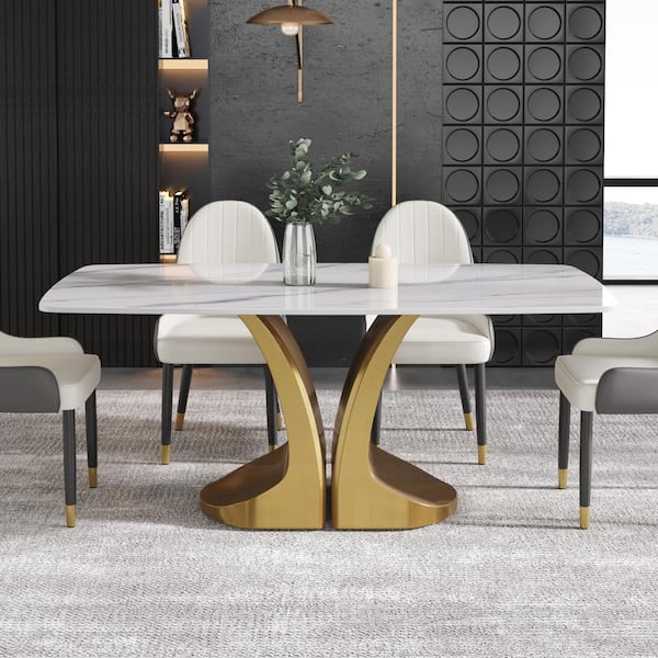 J&E Home White Marble Top Rectangle 70.86 in. W Carbon Steel Column Base Modern Dining Table Seats 8