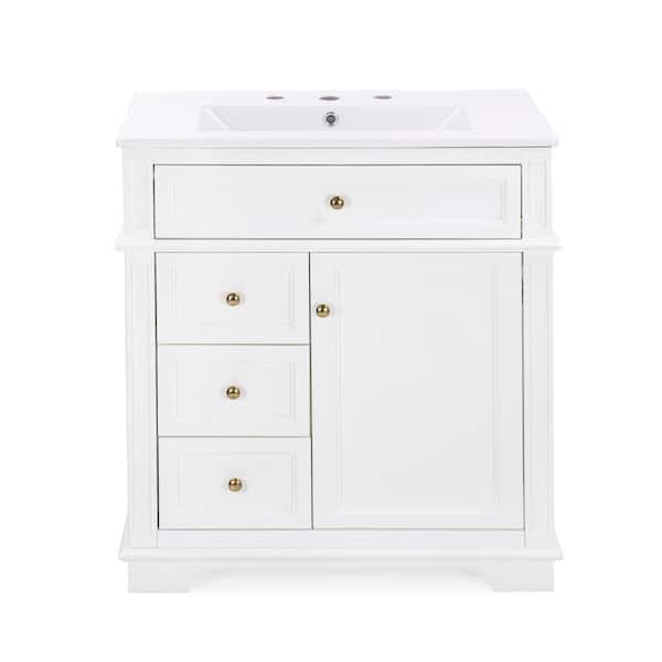 Avendril 30 in. Modern Bathroom White Bath Vanity with White Ceramic Sink Top, Tip out drawer, Drawers, Shelf, Cabinet