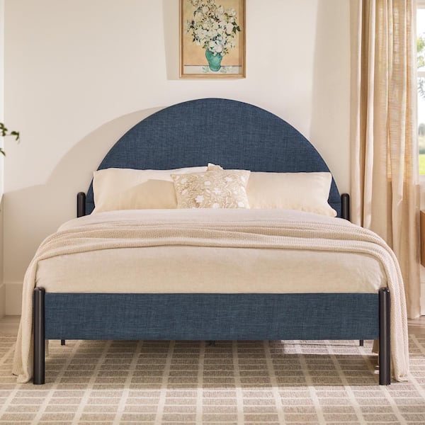 Walker Edison Furniture Company Modern Blue Fabric and Metal Frame Queen Platform Bed with Upholstered Arch Headboard