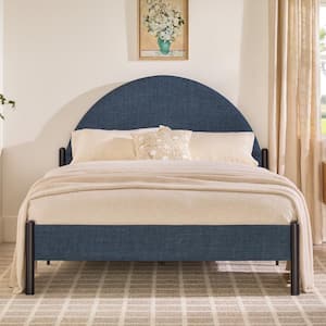 Modern Blue Fabric and Metal Frame Queen Platform Bed with Upholstered Arch Headboard
