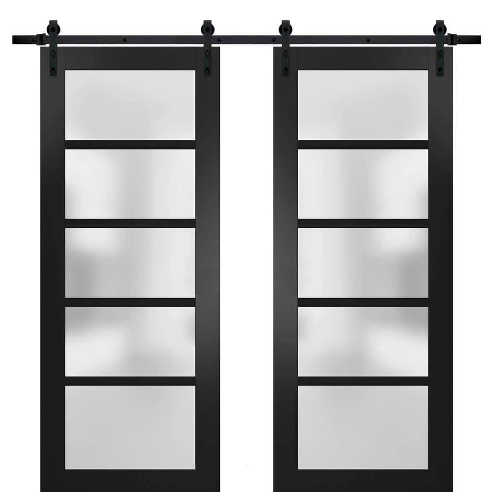 Assemble Required 18 in. x 84 in. 2 Panel Frosted Glass Black Matte Solid MDF Sliding Barn Door with Hardware Kit price history on PriceWatchPro