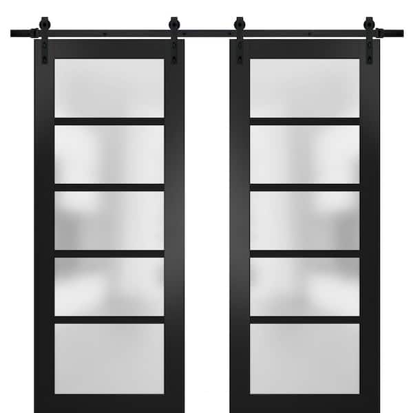 Assemble Required 28 in. x 96 in. 2 Panel Frosted Glass Black Matte Solid Wood Sliding Barn Door with Hardware Kit