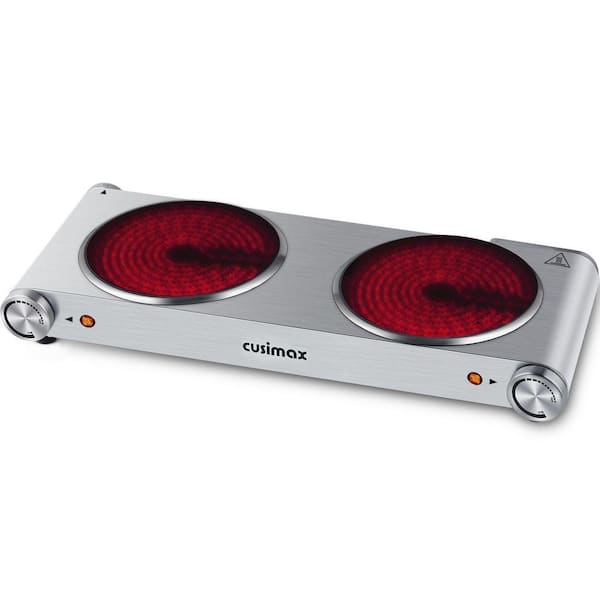 JEREMY CASS Double Infrared Burner 7.1 in. Stainless Steel Sliver Countertop Hot Plate with Temperature Control, Automatic Shut-Off