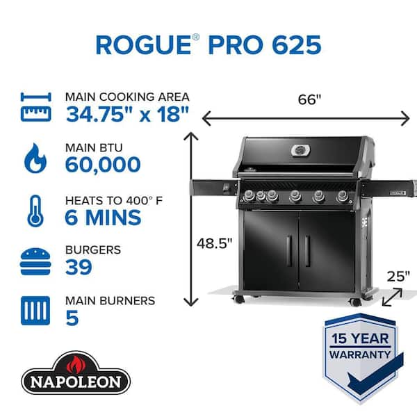 Rogue PRO 625 5-Burner Natural Gas Grill in Black with Infrared Side Burner and Cast Iron Cooking Grids