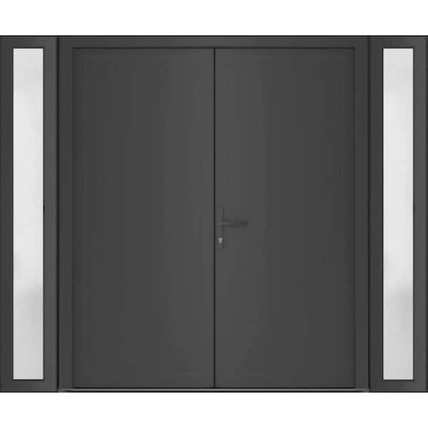 14+72+ 14 in. x 80 in. Right-hand/Inswing Frosted Glass Antracite Steel Prehung Front Door with Hardware