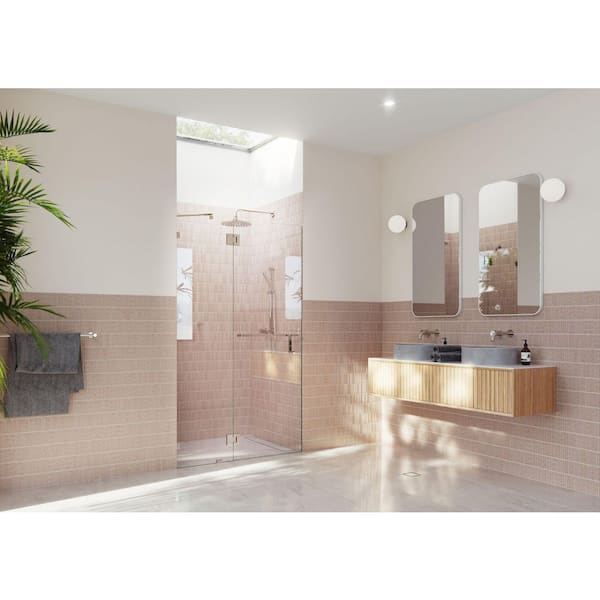 Mimas 51.25 in. W x 78 in. H Glass Hinged Frameless Towel Bar Shower Door in Polished Nickel with Clear Glass