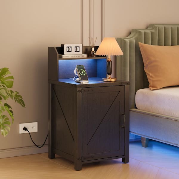 Black Side Table, Nightstand with Charging Station, Barn Door Design, Adjustable Shelf, for Bedroom Living Room