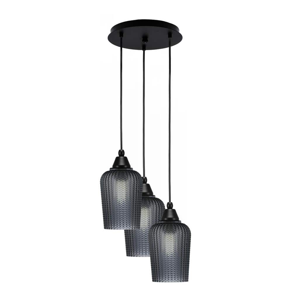 Savannah 11 in. 3-Light Matte Black Cord Pendant Light Smoke Textured Glass