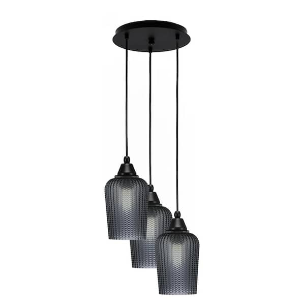 Savannah 11 in. 3-Light Matte Black Cord Pendant Light Smoke Textured Glass Shade